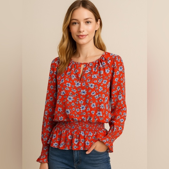 Premise Red Blue Pleated Bubble Midi Blouse ❤️🩵 - Picture 1 of 11